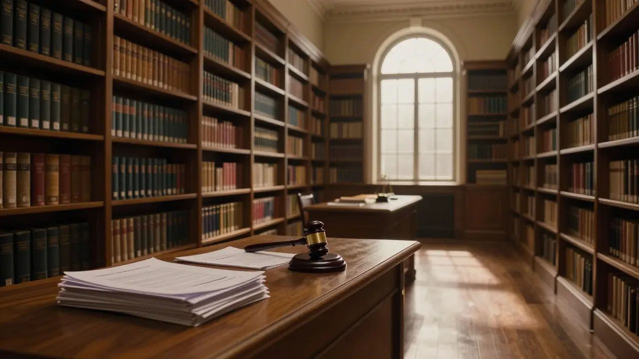 Empty library room with a desk holding legal documents and a gavel