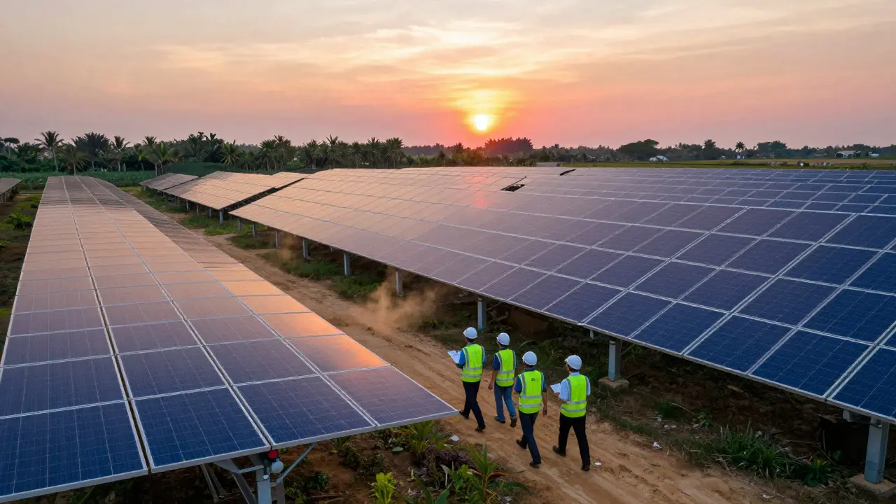 Engineers inspecting a large solar farm at sunset