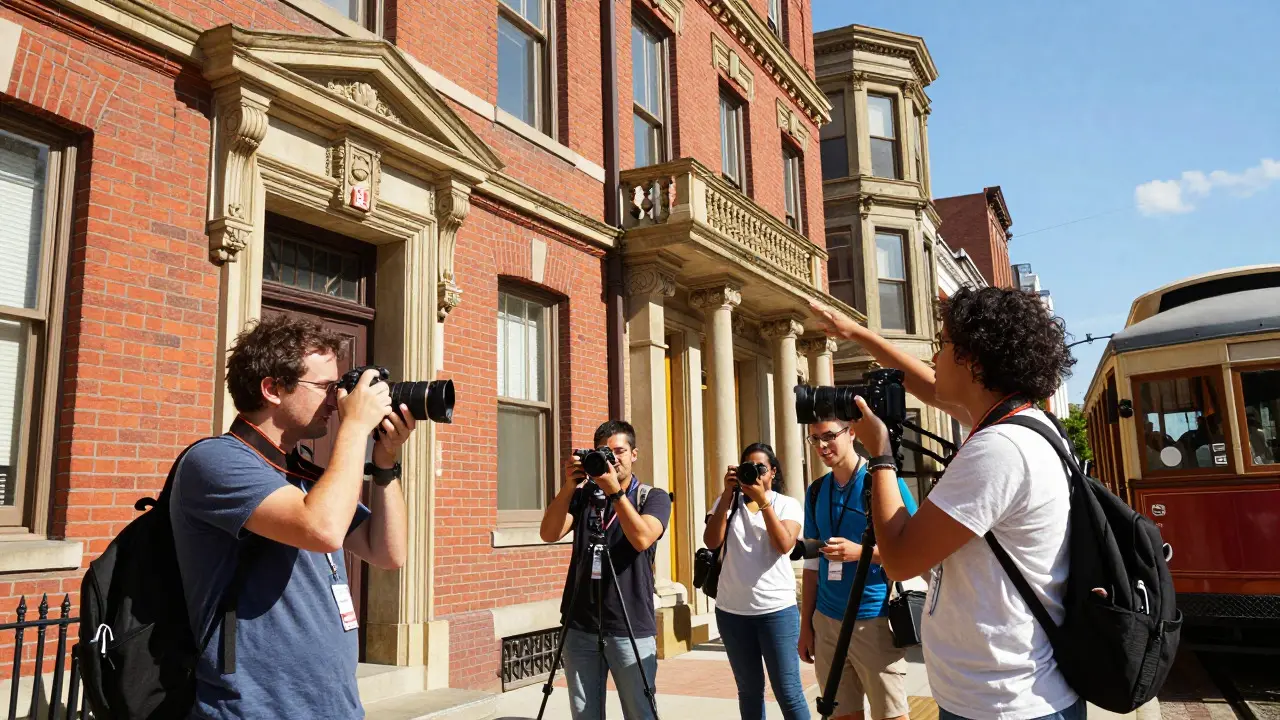 Enthusiasts taking photos of historic buildings and streetcars during an outdoor photo walk