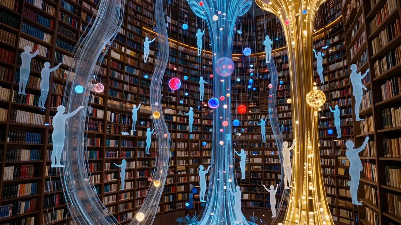 Ethereal figures collaborating on glowing data structures in a library