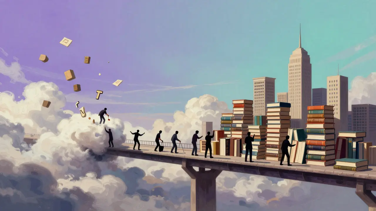 Figures building a bridge between chaotic data clouds and a structured library city