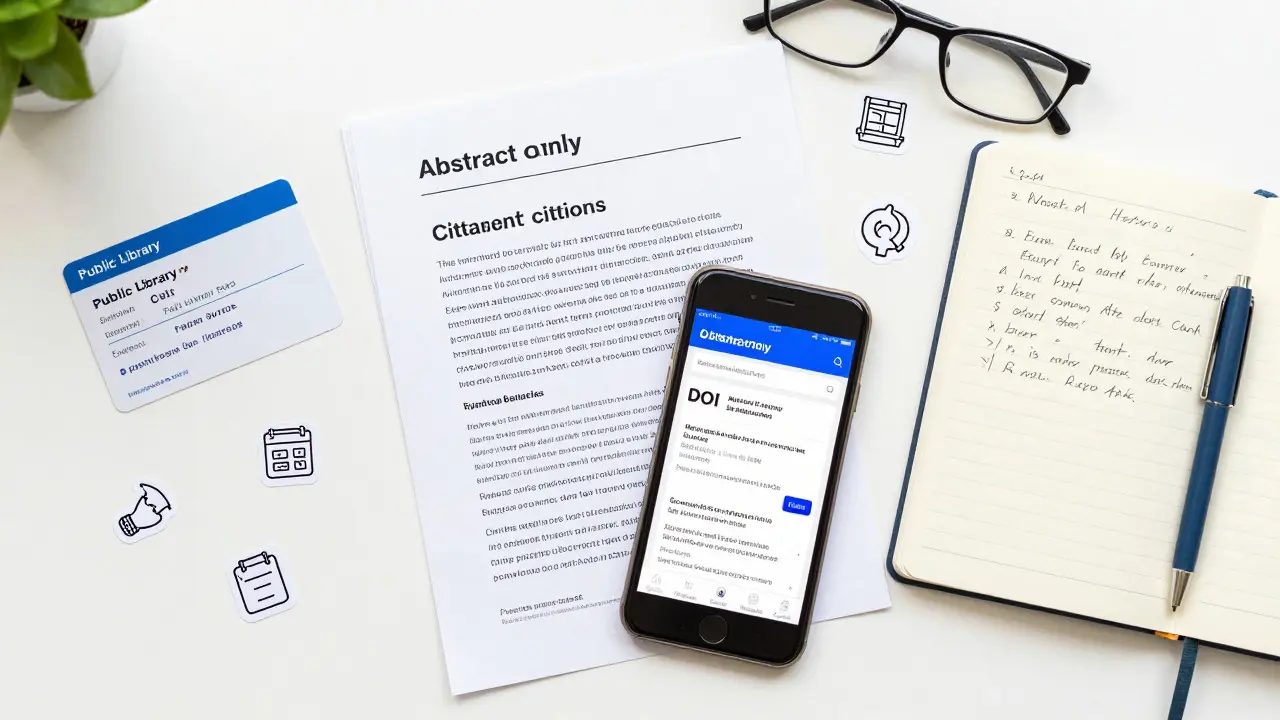 Flat lay of library card, preprints, and notes for verifying Wikipedia sources