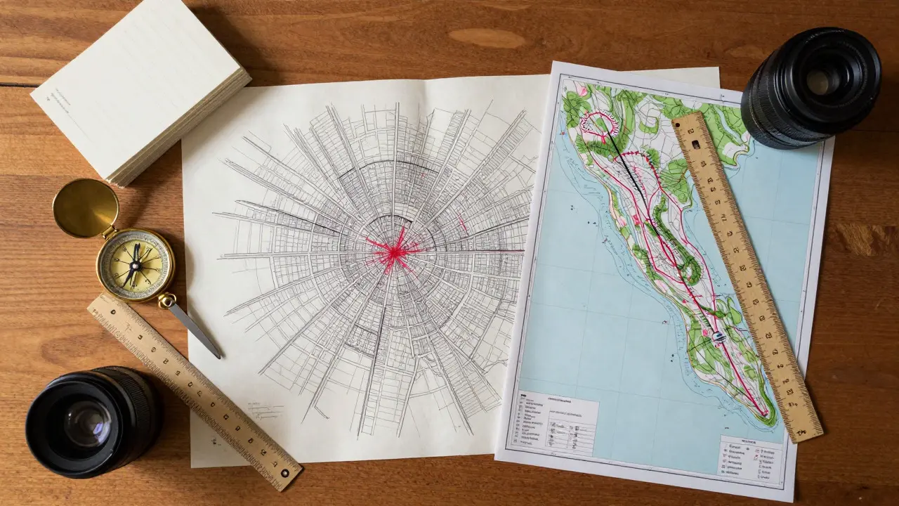 Flat-lay of maps, compass, and notes on a wooden table illustrating cartographic sourcing