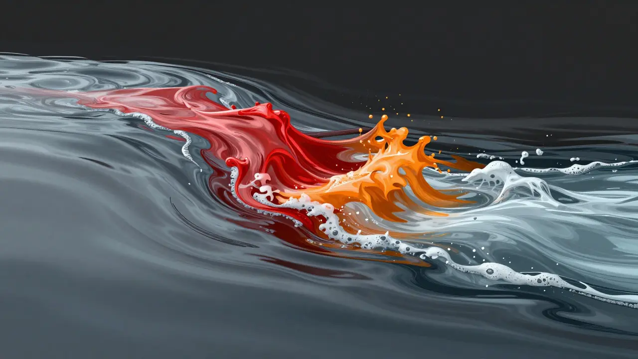 Flowing water changing color from neutral to turbulent and back, symbolizing political bias shifts