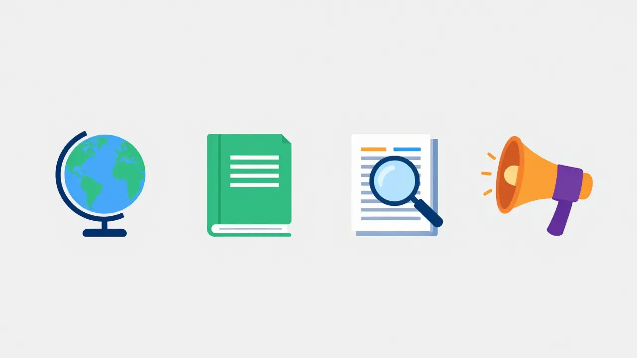 Four colorful flat icons representing web pages, books, journals, and press releases