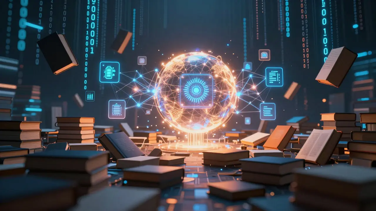 Futuristic AI network absorbing structured data from digital sources