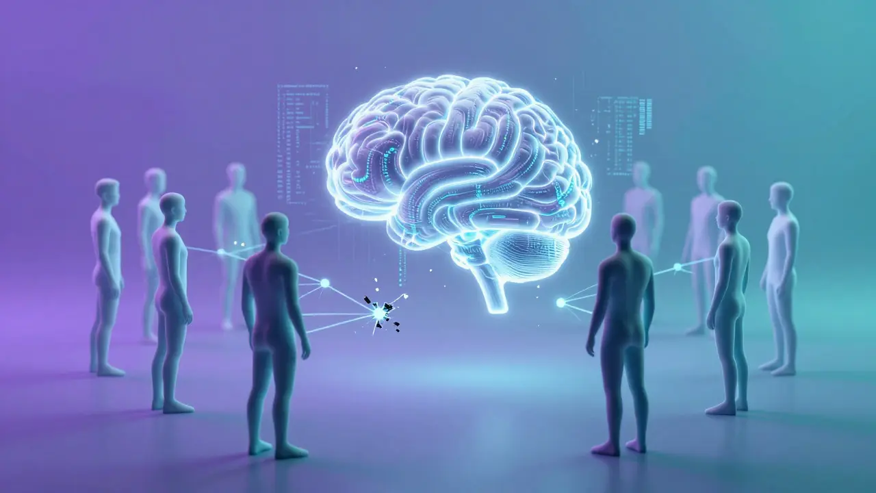 Futuristic concept of AI and humans collaborating on data