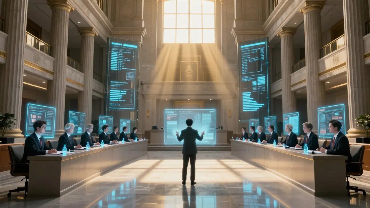 Futuristic courthouse scene with holographic figures representing a digital arbitration committee