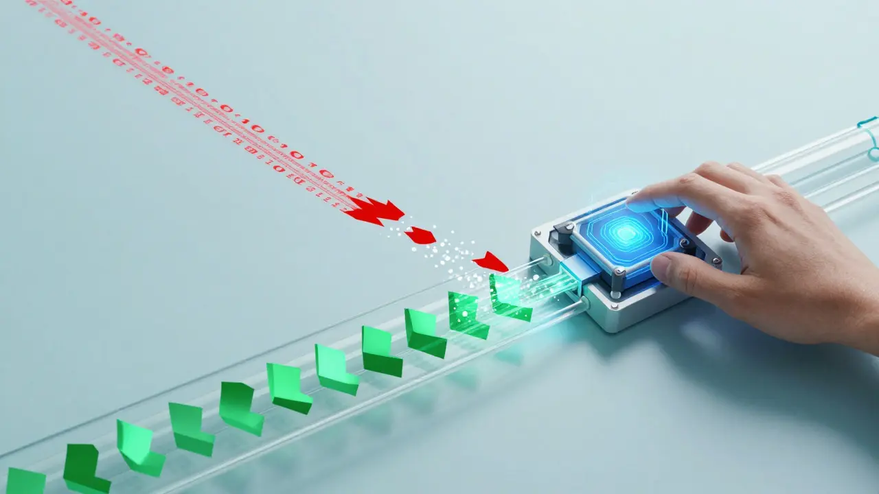 Futuristic digital pipeline filtering data streams with an AI core