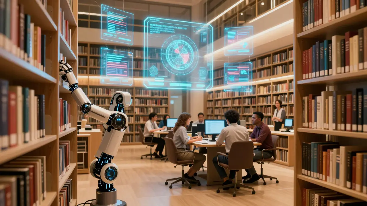 Futuristic library scene with humans observing a robot organizing information, symbolizing collaborative bot oversight.