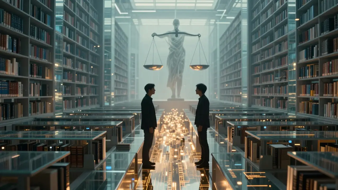Futuristic library scene with two silhouettes debating under a glowing balance scale