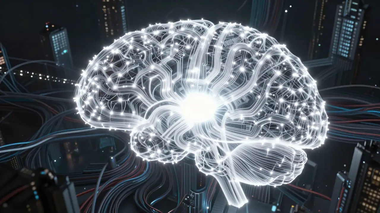 Futuristic neural network absorbing streams of white light, representing AI training on open data