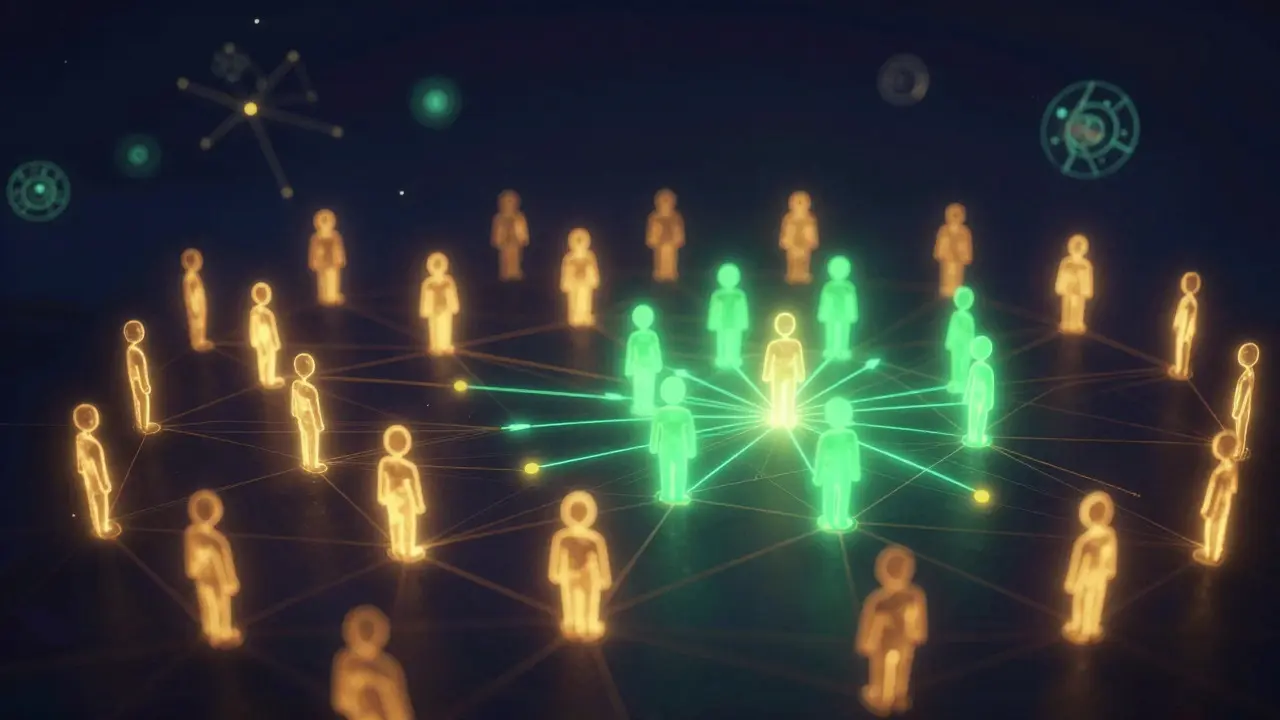 Futuristic visualization of a glowing social network with connected avatars and highlighted retention clusters