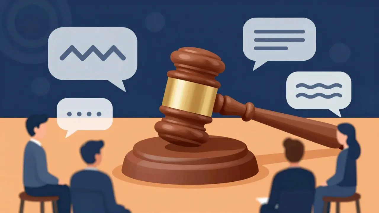 Gavel and speech bubbles illustrating community decision-making on bans