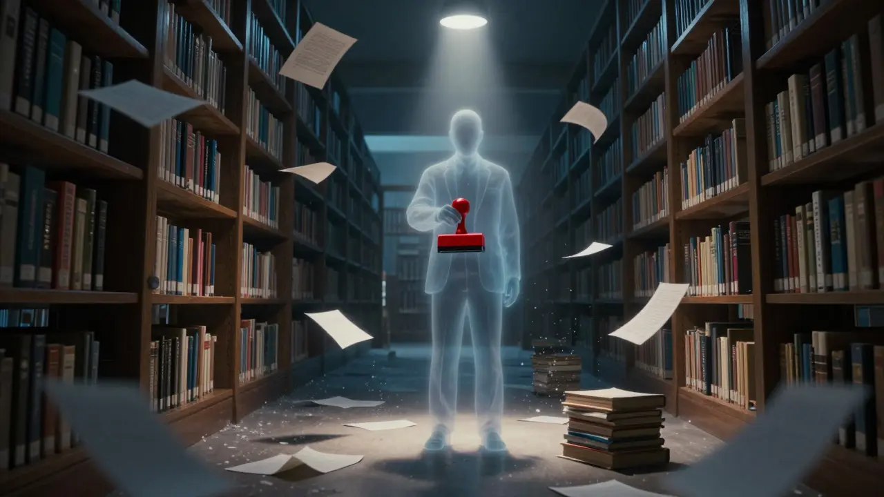 Ghostly editor stamping documents in a dark library, symbolizing article deletion