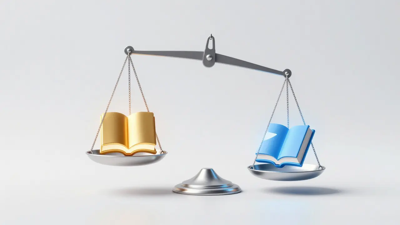 Glass balance scale weighing a full book against a small excerpt fragment