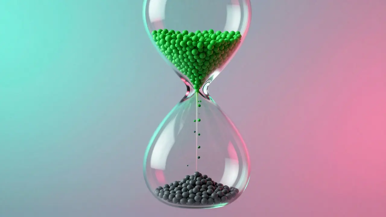 Glass hourglass filtering green and grey particles to represent edit approval