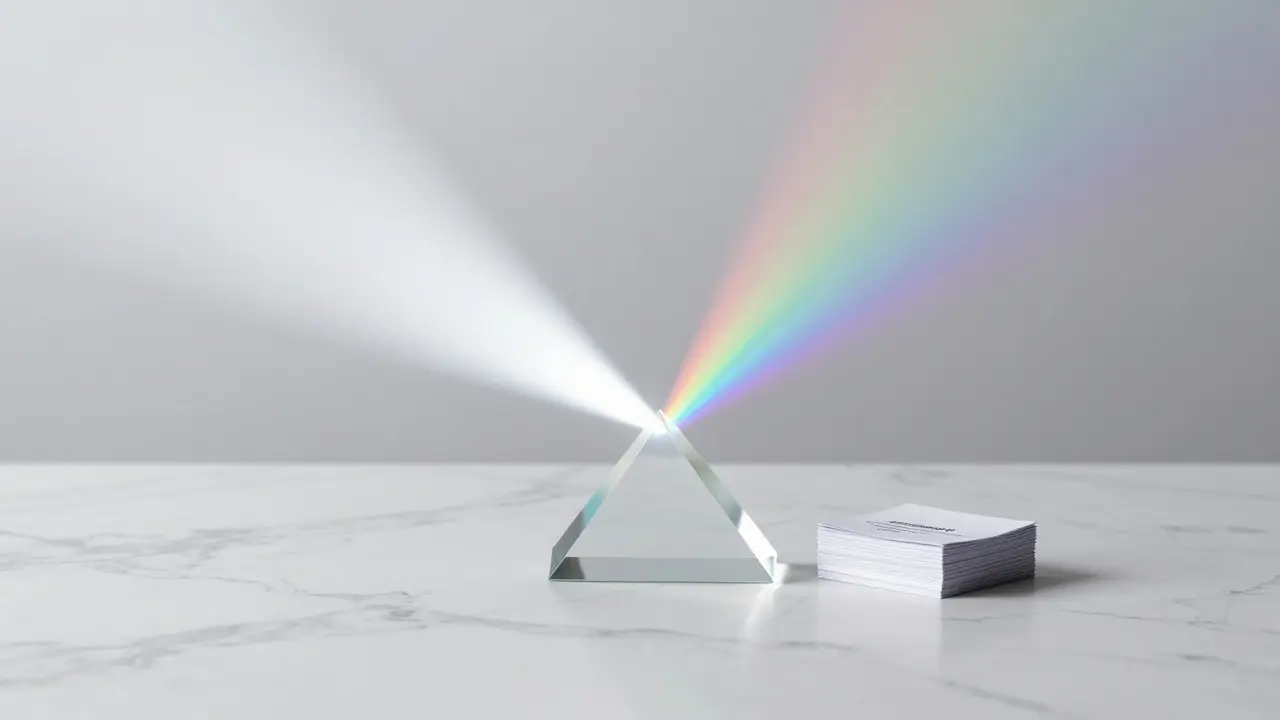 Glass prism splitting light into a spectrum next to a stack of index cards on a white table