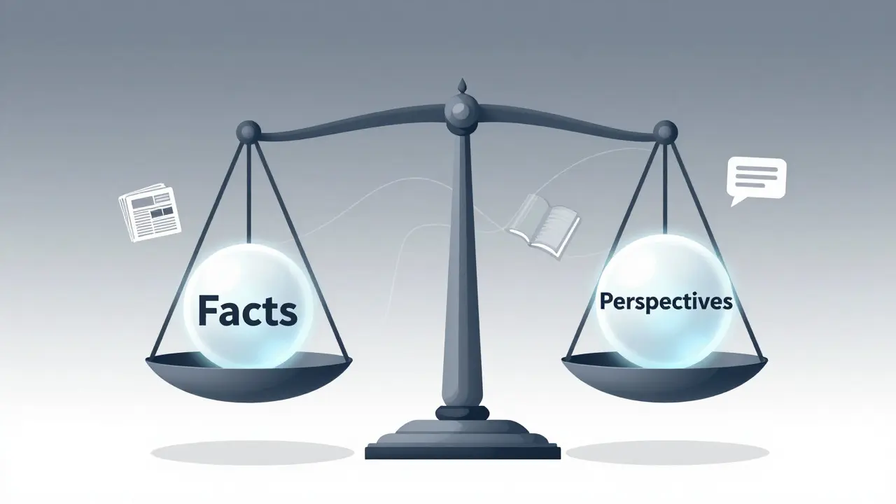 Glass scales balancing facts and perspectives with source icons