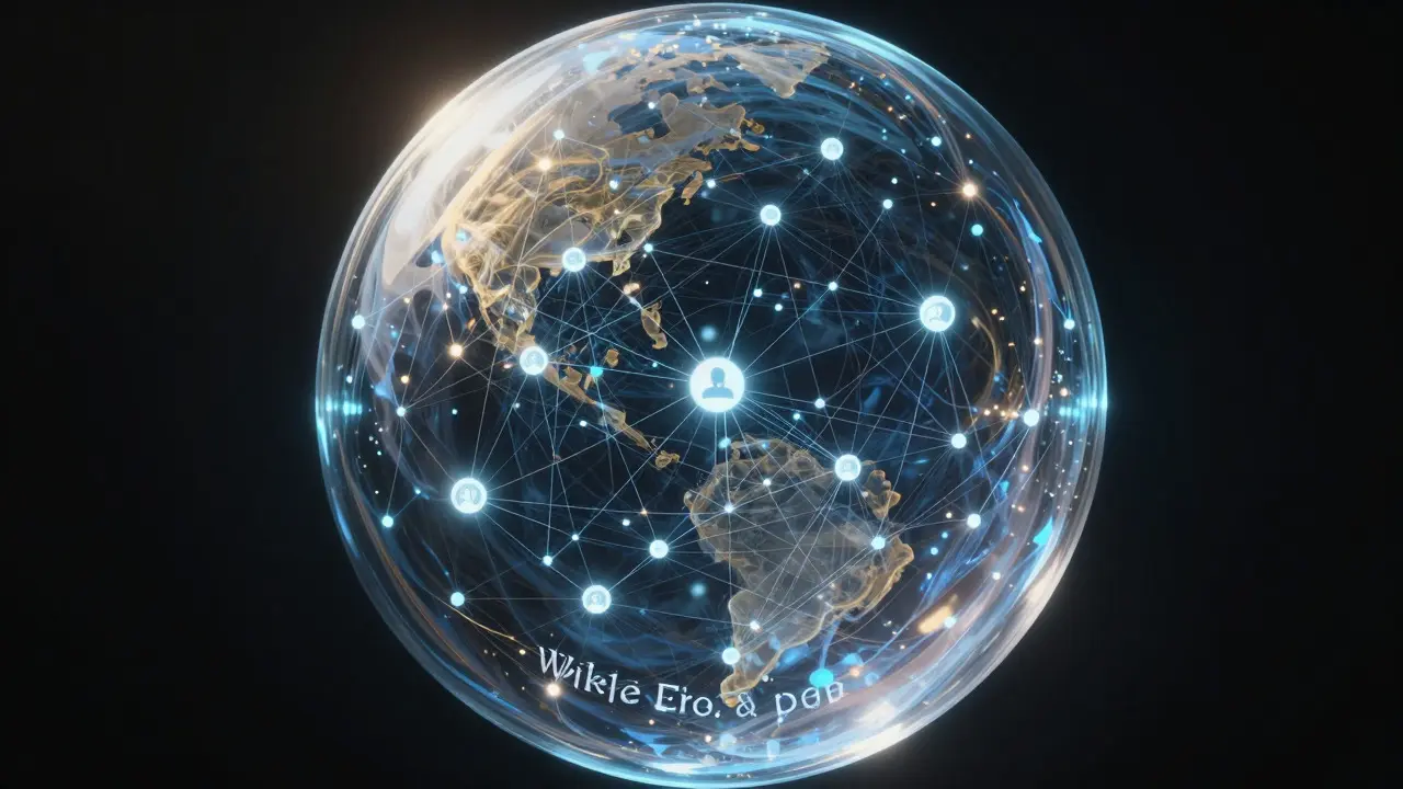Glass sphere containing a network of glowing lights representing collaborative editing