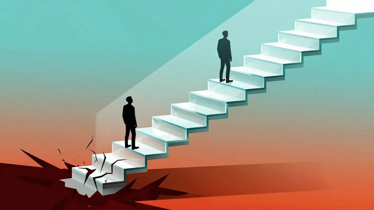 Glass staircase rising from chaos to order, representing levels of conflict resolution