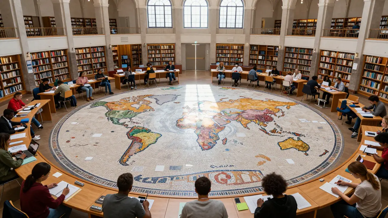 Global community collaborating to build a mosaic world map in a library