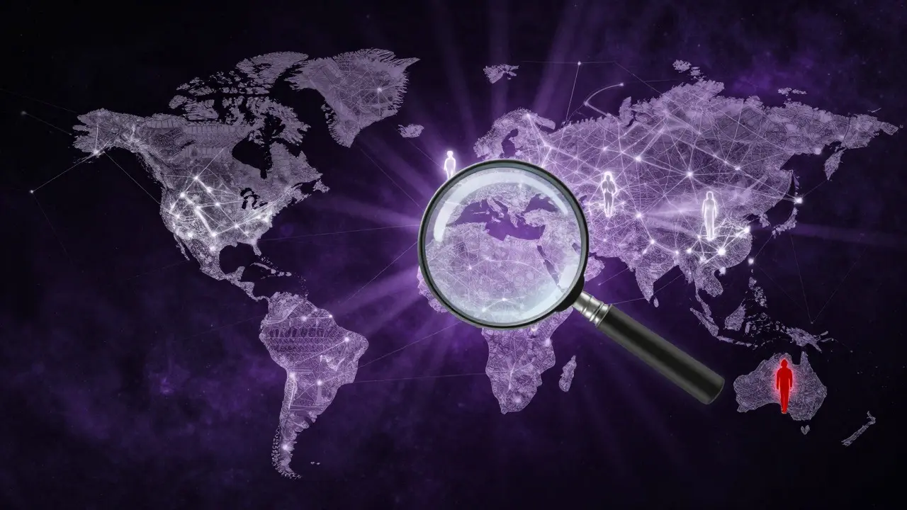 Global network of connected nodes with highlighted diverse figures and a central focus