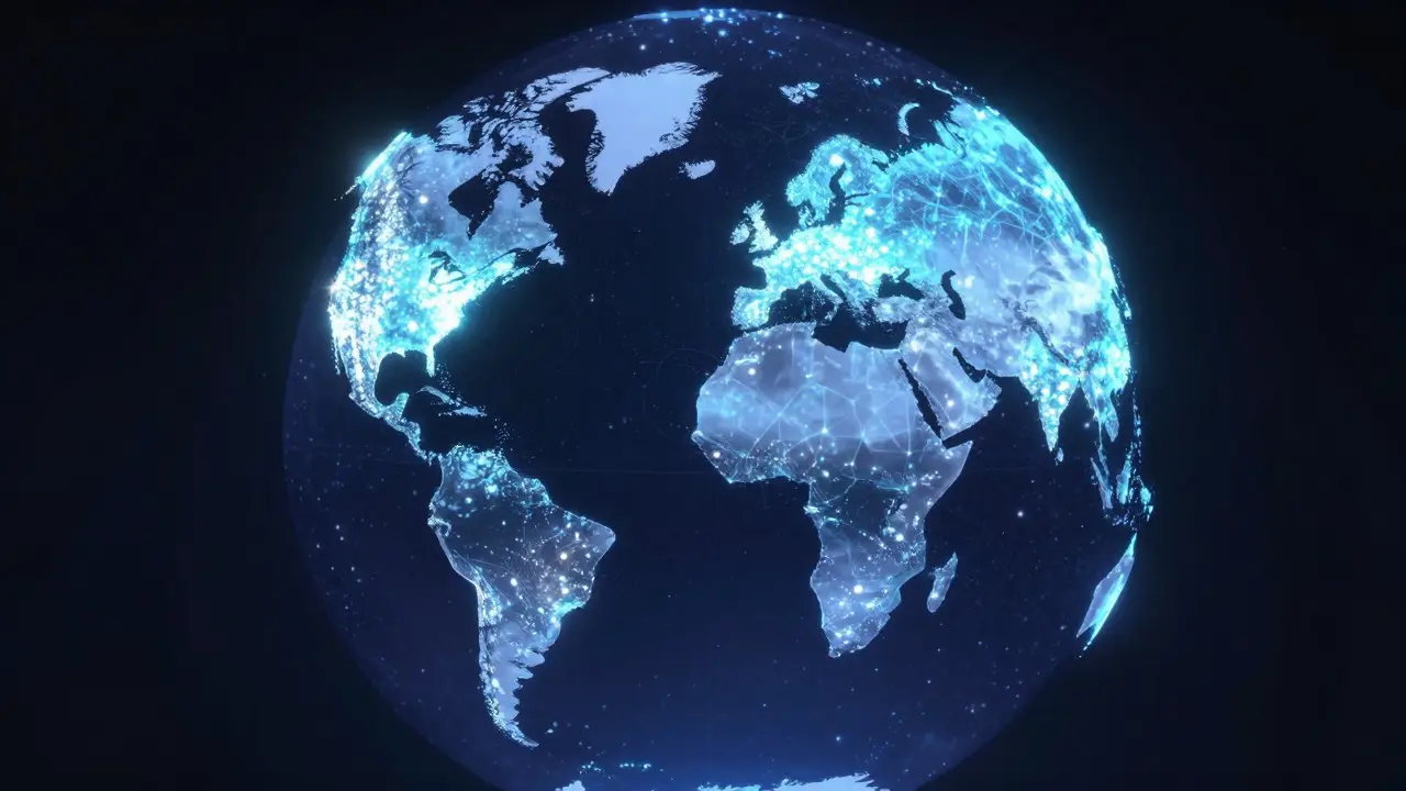 Globe visualization showing bright data clusters in North America and Europe versus dim areas elsewhere