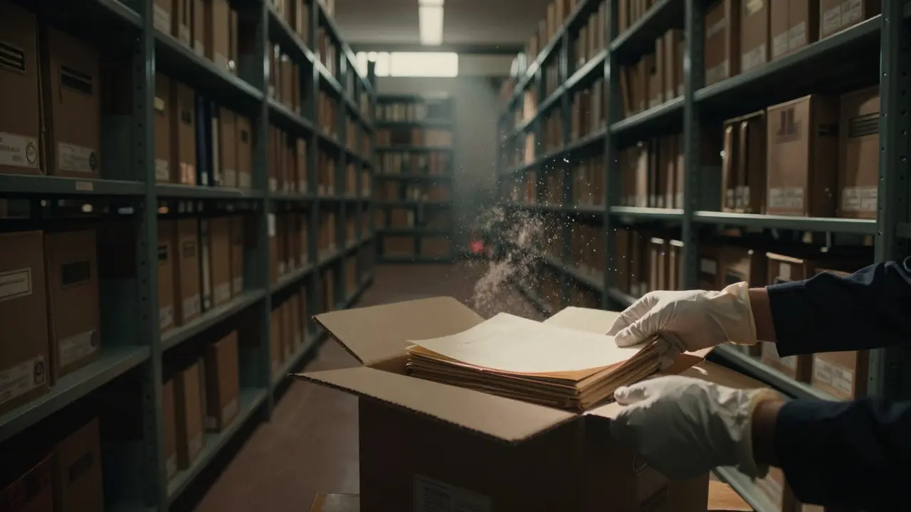 Gloved hands placing documents into a box in a dimly lit archive