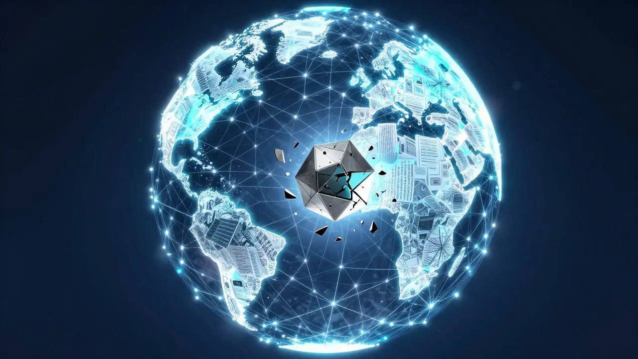 Glowing global network constrained by a cracking central structure representing governance tension