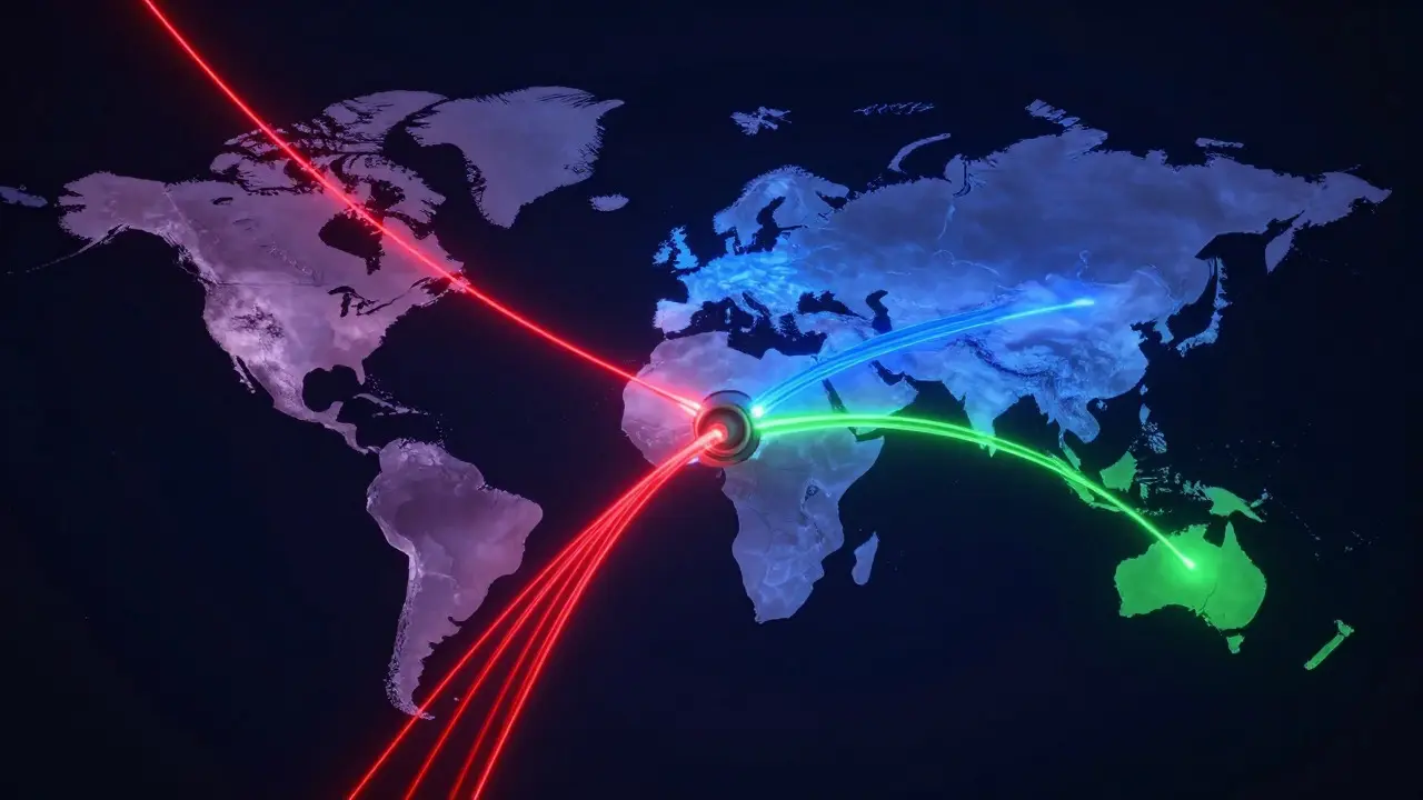 Glowing network lines connecting global regions from a central hub