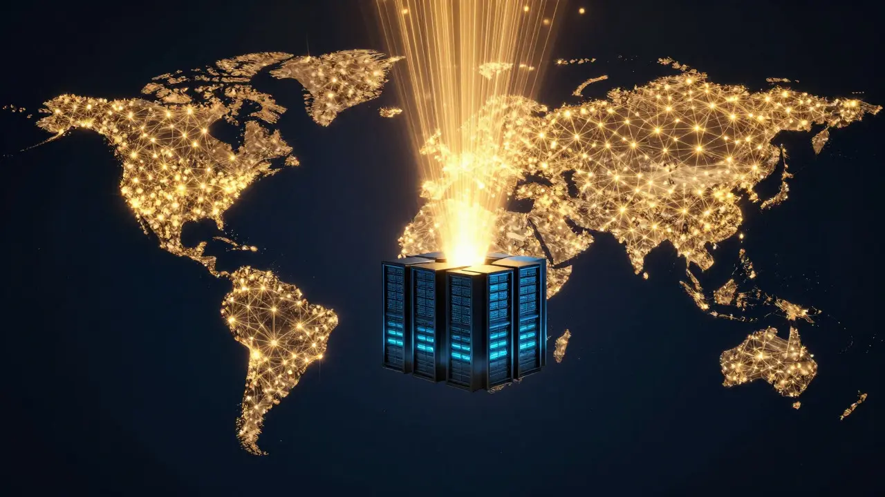 Glowing network of small lights powering server racks, representing donation-based funding