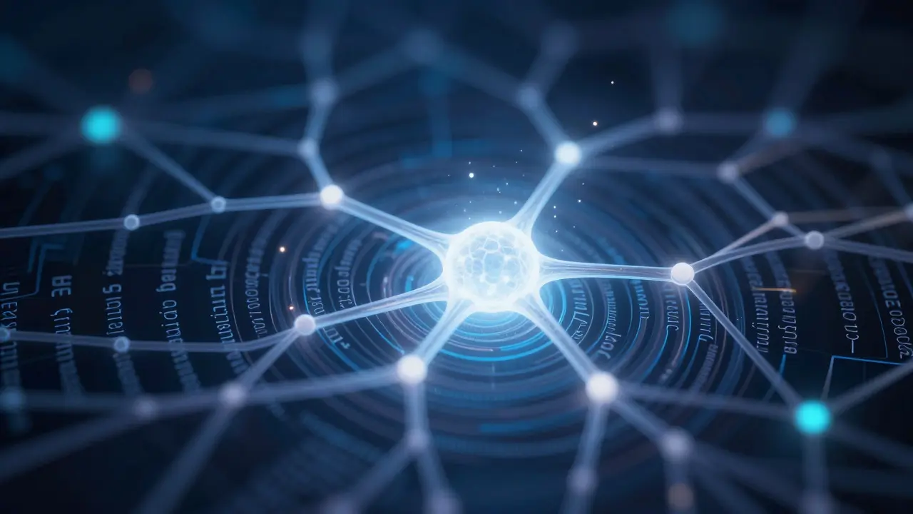 Glowing neural network node within a complex digital lattice structure
