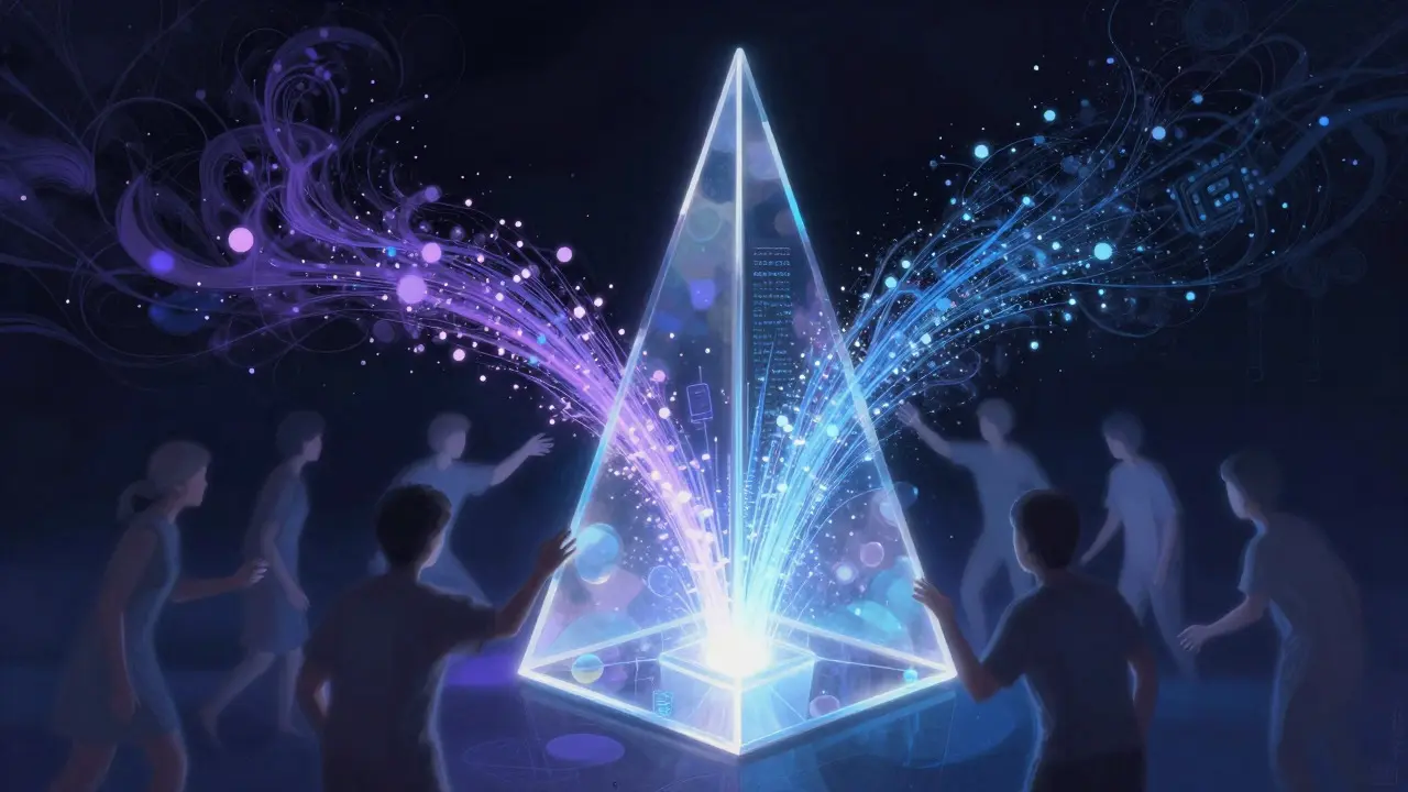 Glowing prism transforming chaotic data into organized beams of light