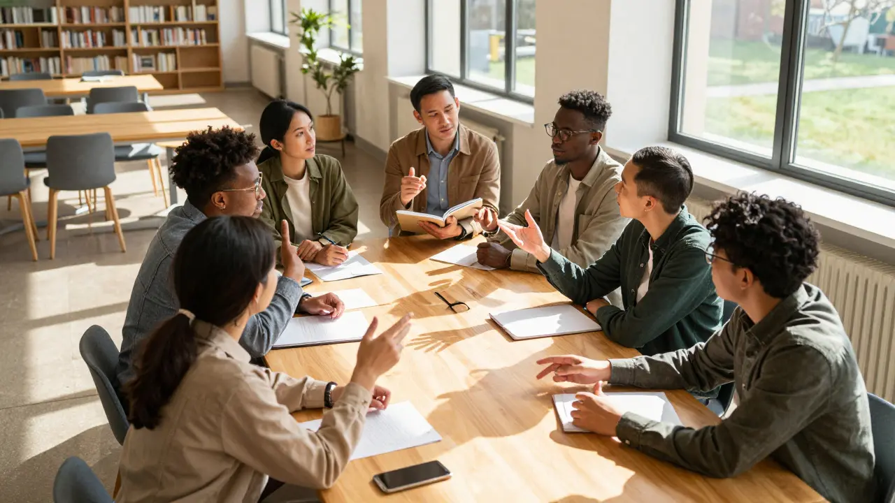 Group of people collaborating and discussing documents in a bright room