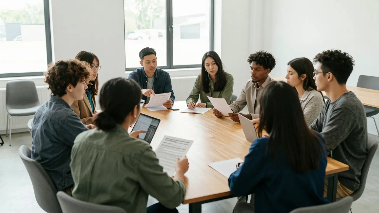 Group of people collaborating around a table in a bright community room