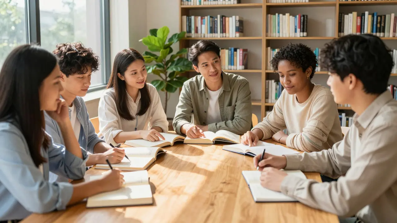 Group of people collaborating peacefully in a sunlit library