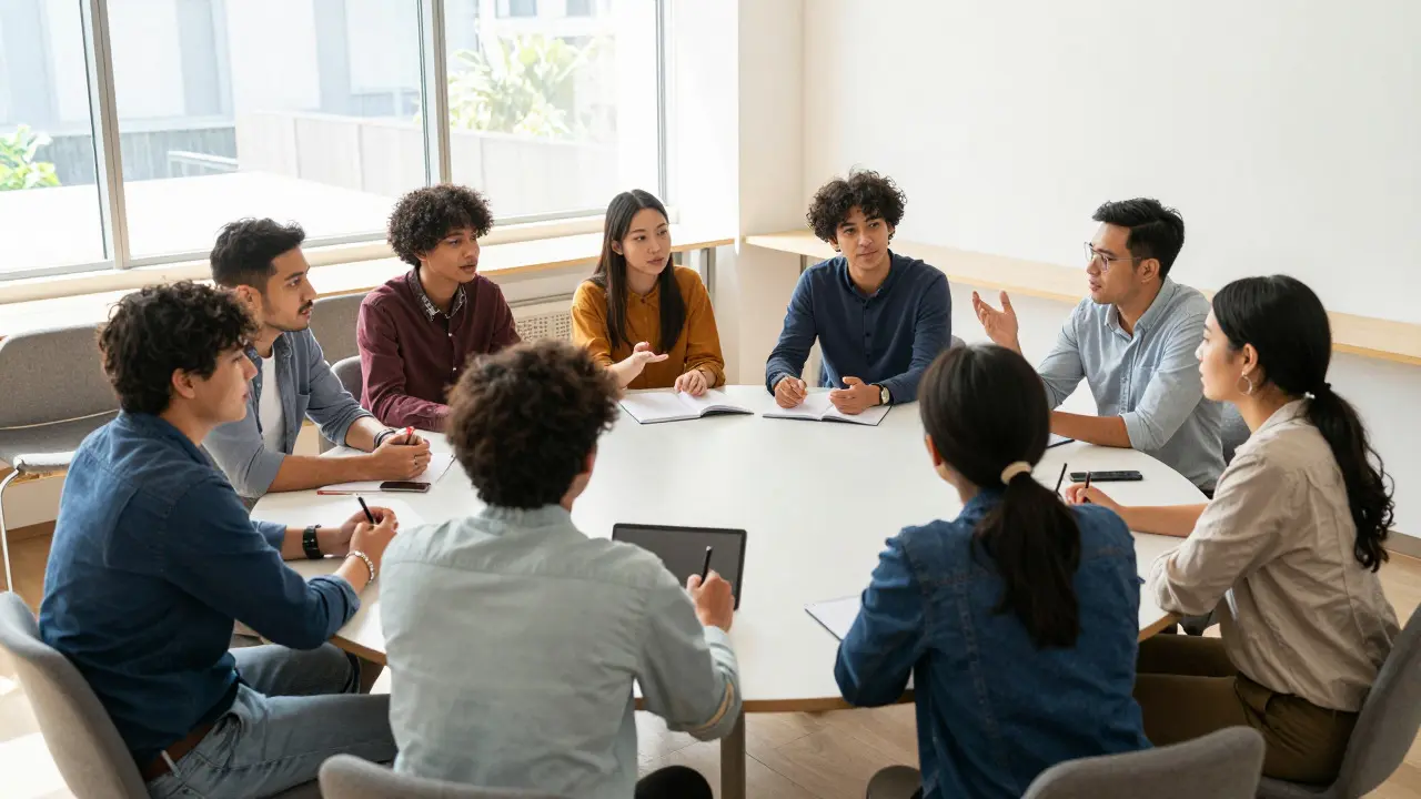 Group of people discussing around a table in a bright room