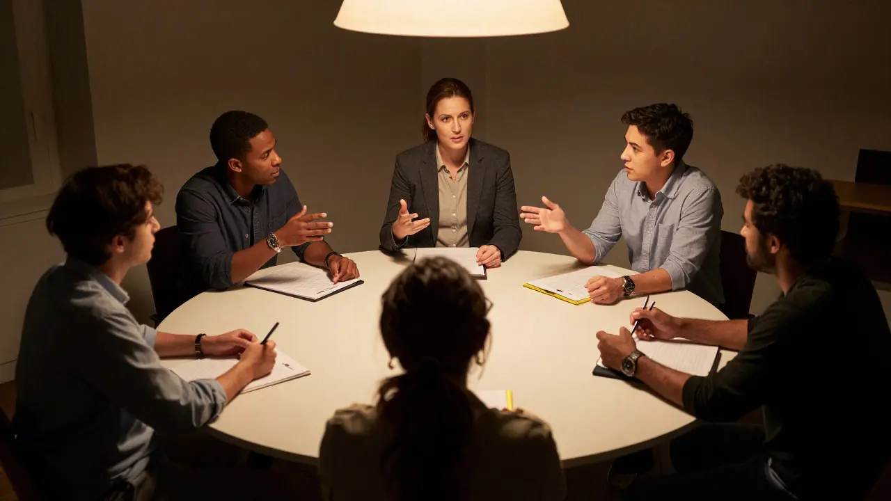 Group of people discussing around a table in a dimly lit room
