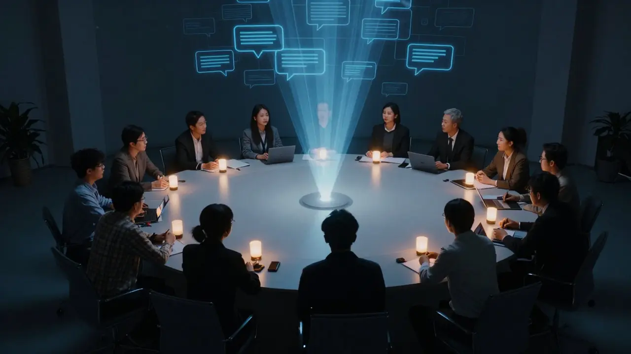 Group of people discussing around a table under soft light