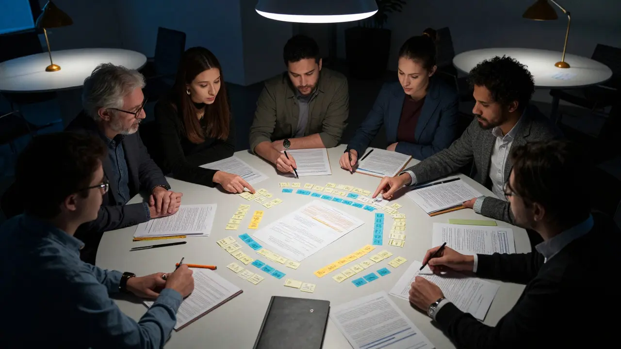 Group of people discussing documents around a table