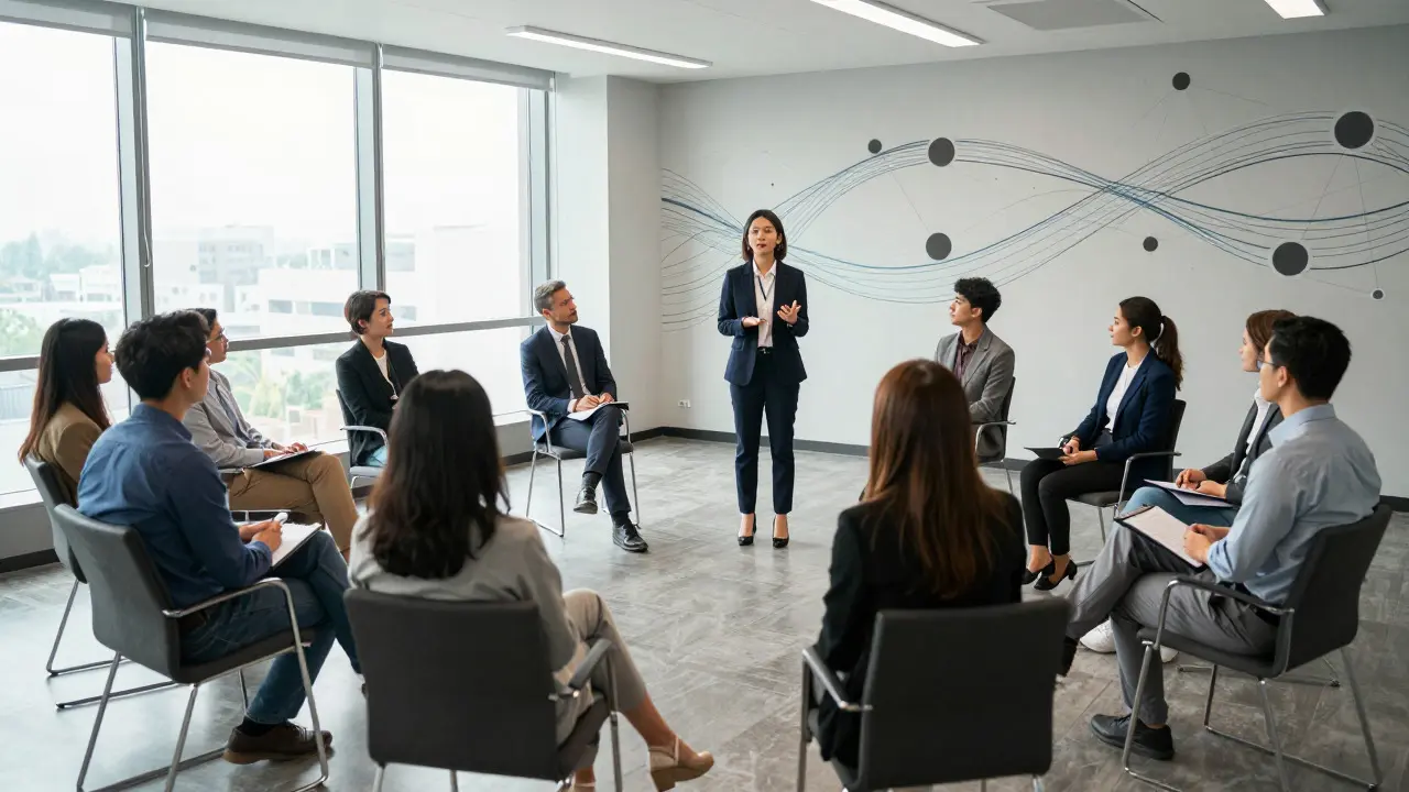 Group participating in a mock media training session in a modern office