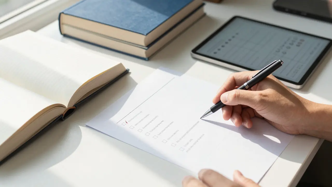 Hand checking items on a list next to books and a tablet, symbolizing quality control