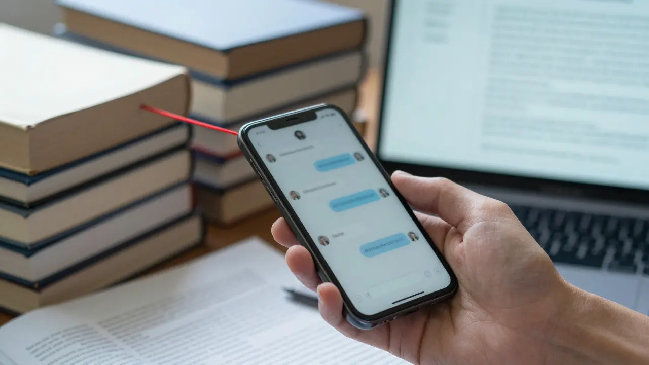 Hand holding a phone connected by a red thread to background books and screens