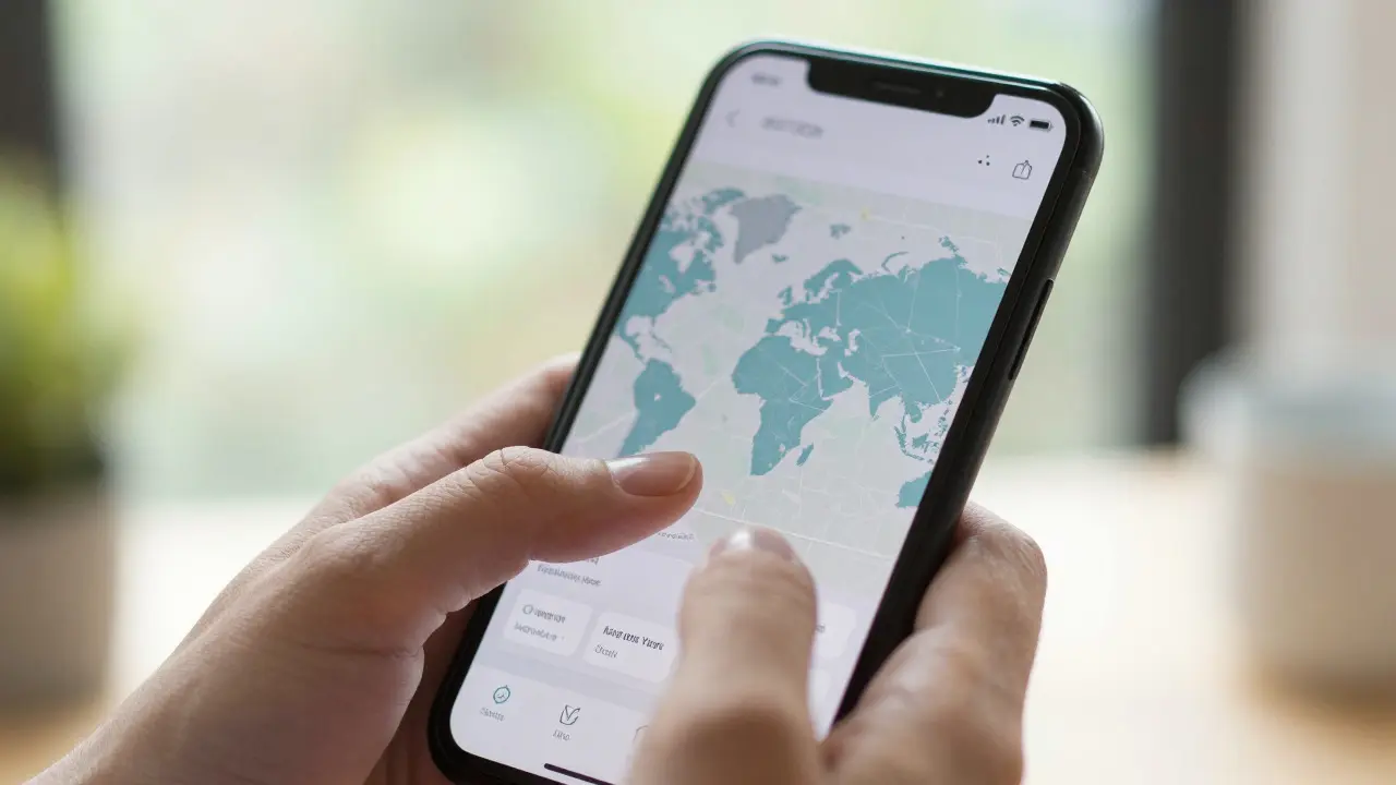 Hand holding a smartphone displaying an abstract global connectivity map