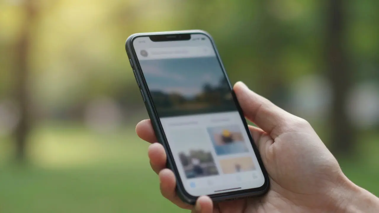 Hand holding a smartphone in a sunny park, connecting digital use with nature