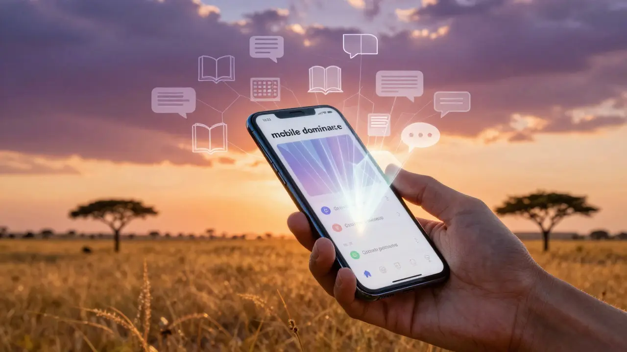 Hand holding a smartphone projecting digital knowledge concepts against a savanna sunset