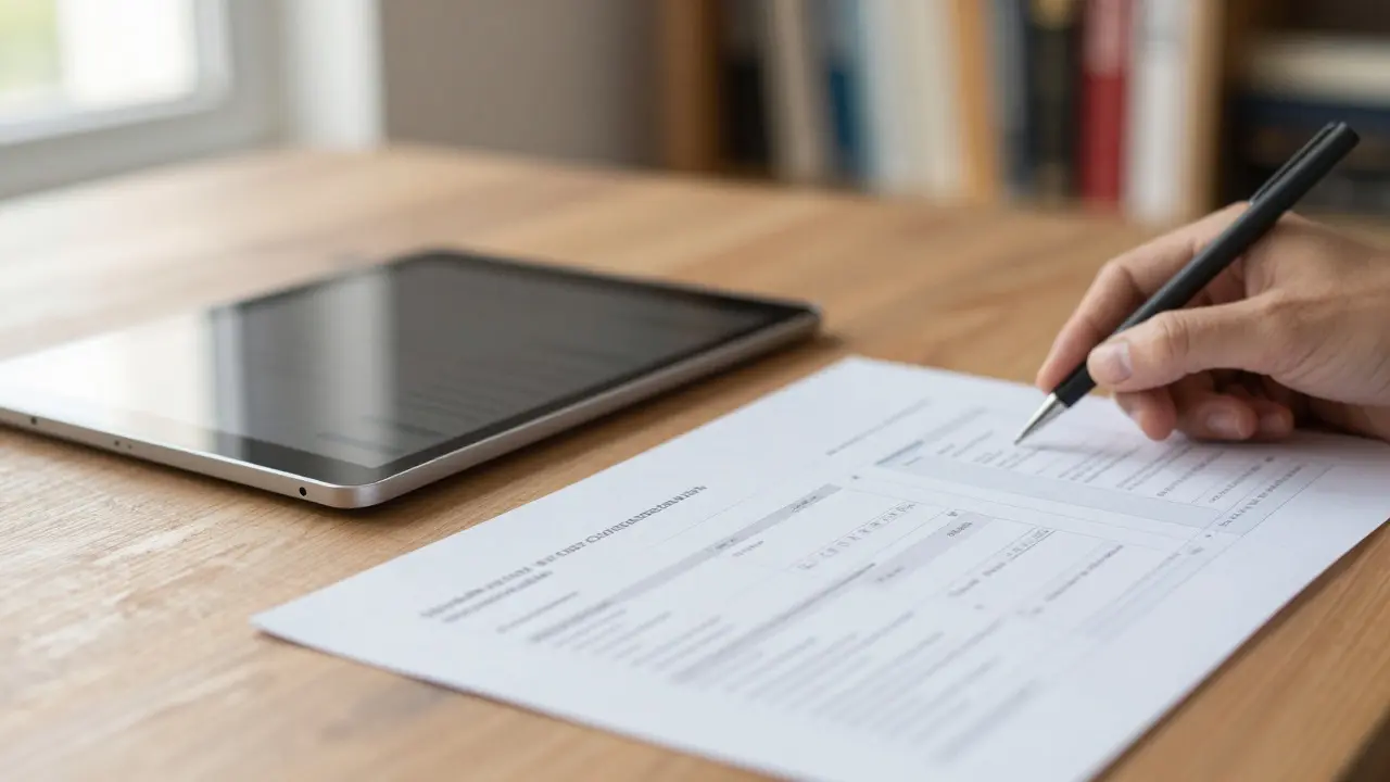 Hand holding a tablet next to a printed transparency report on a desk