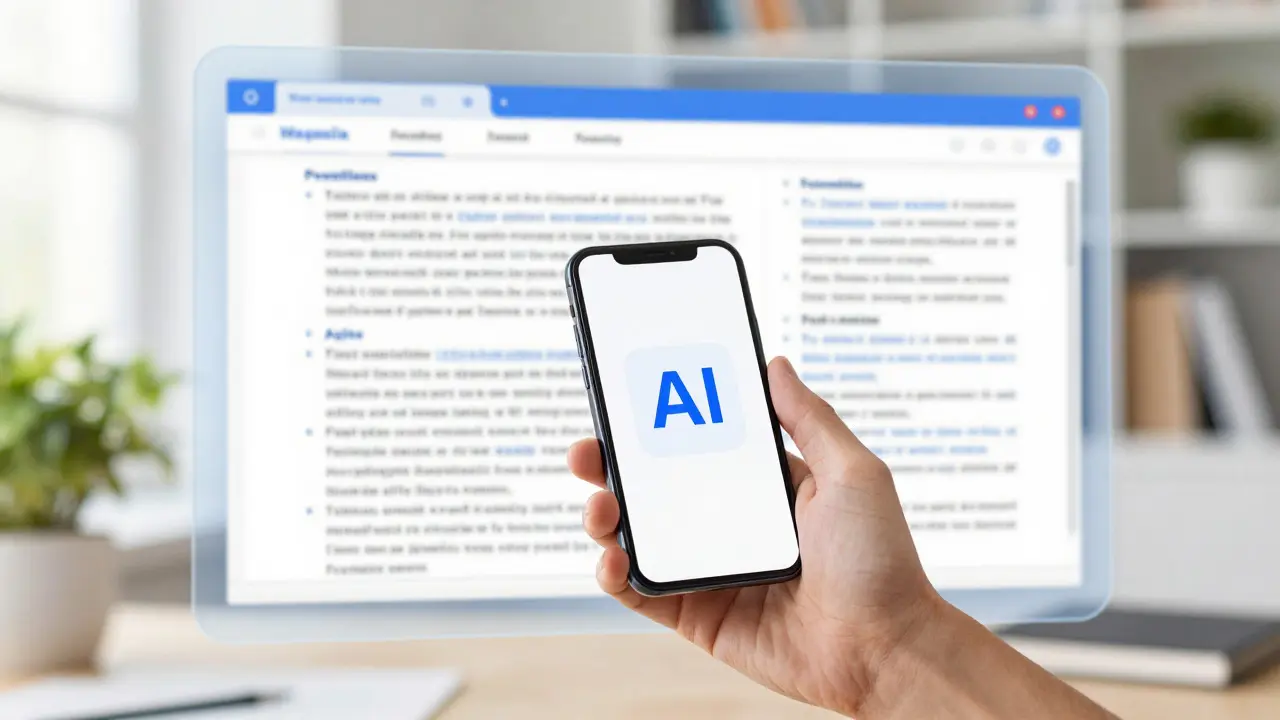 Hand holding phone with AI summary next to a detailed verified document