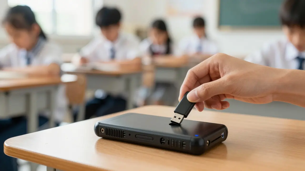 Hand inserting USB drive for offline Wikipedia access